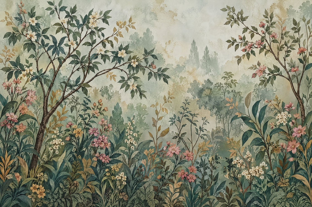 Blossoming Branches Wallpaper Muted Green Chinoiserie Wall Mural pattern artwork