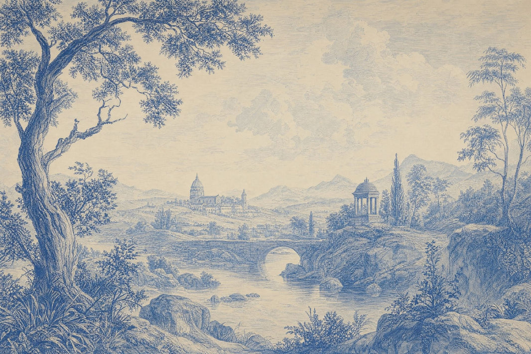 Blue Toile Wallpaper Landscape Vintage Wall Mural pattern artwork