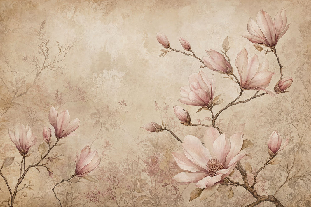 Soft Pink Magnolia Wallpaper Vintage Botanical Wall Mural pattern artwork