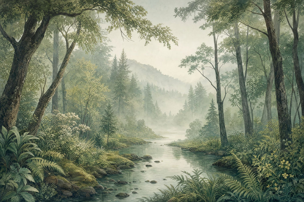 Misty Forest River Wallpaper Watercolor Landscape Wall Mural pattern artwork
