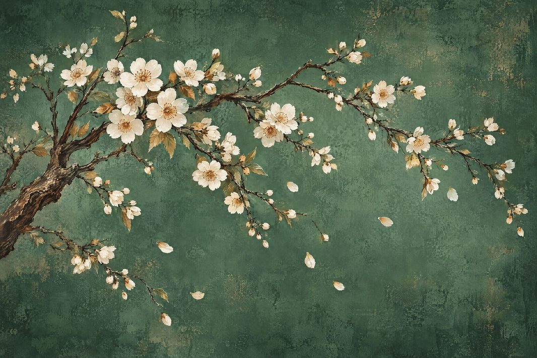 Cherry Blossoms Wallpaper Dark Green Vintage Wall Mural pattern artwork
