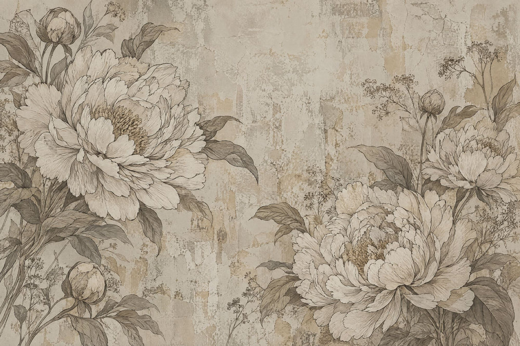 Sepia Peony Wallpaper Distressed Botanical Wall Mural pattern artwork