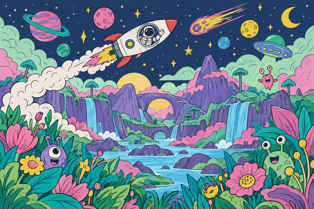 Kids Space Adventure Wallpaper Cartoon Galaxy Wall Mural pattern artwork