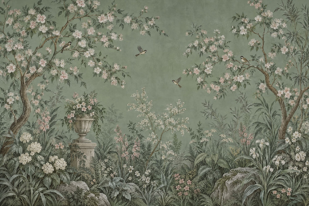 Chinoiserie Garden Birds Wallpaper Muted Green Wall Mural pattern artwork