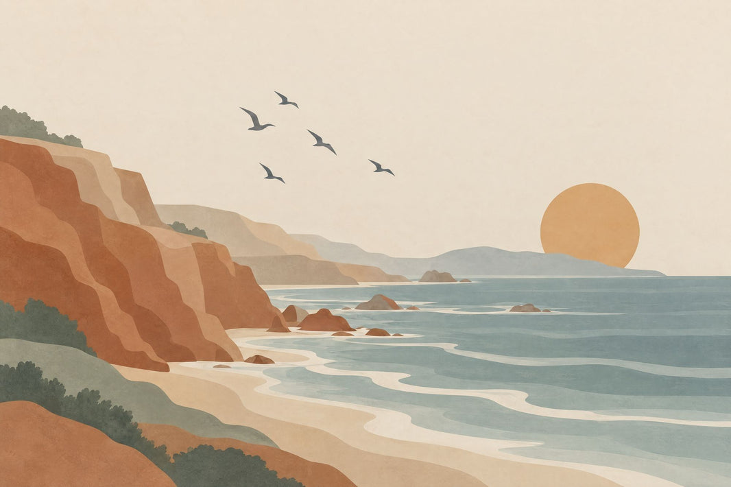 Coastal Cliffs Sunset Wallpaper Retro Landscape Wall Mural pattern artwork