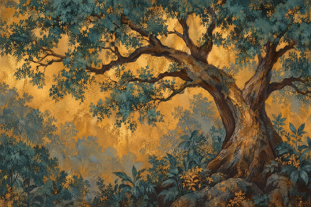 Ancient Tree Forest Wallpaper Gold Background Wall Mural pattern artwork