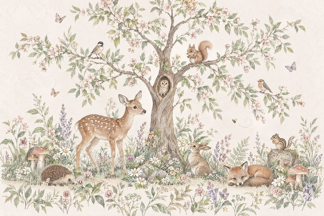 Watercolor Woodland Nursery Wallpaper Storybook Forest Animals Wall Mural pattern artwork