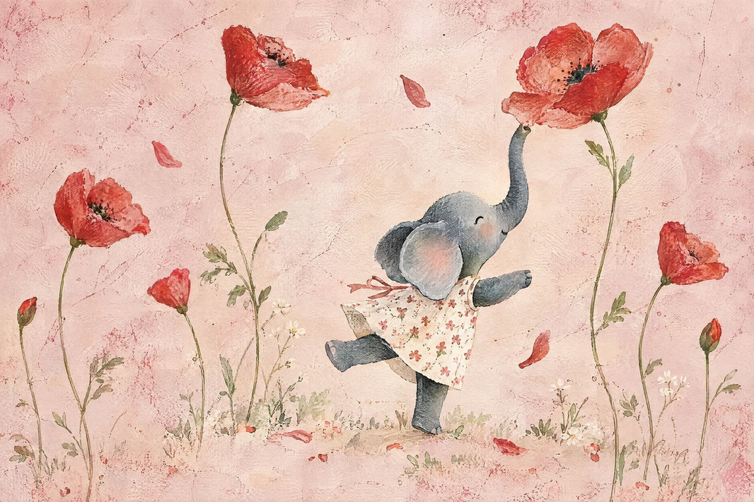 Watercolor Elephant Wallpaper Poppy Garden Wall Mural pattern artwork