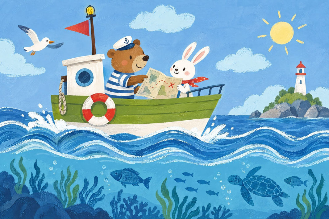 Storybook Nautical Boat Wallpaper Coastal Lighthouse Wall Mural pattern artwork