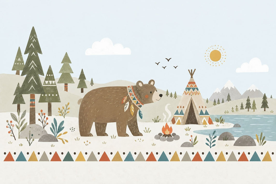 Woodland Bear Teepee Wallpaper Boho Camping Wall Mural pattern artwork