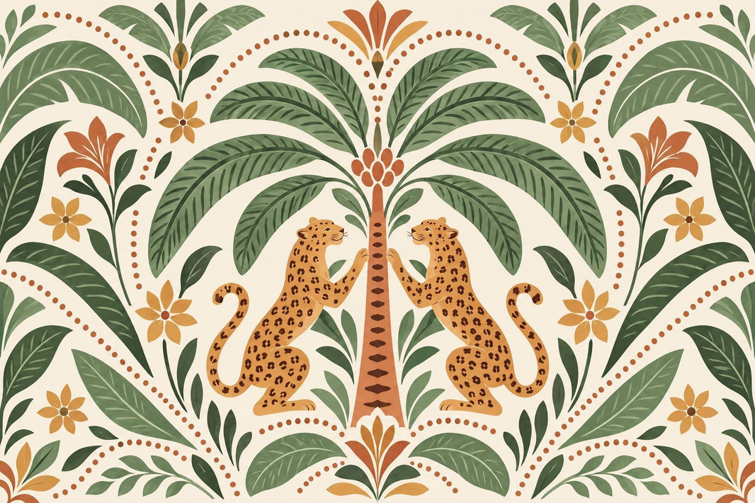 Leopard Pair Wallpaper Tropical Folk Art Wall Mural pattern artwork