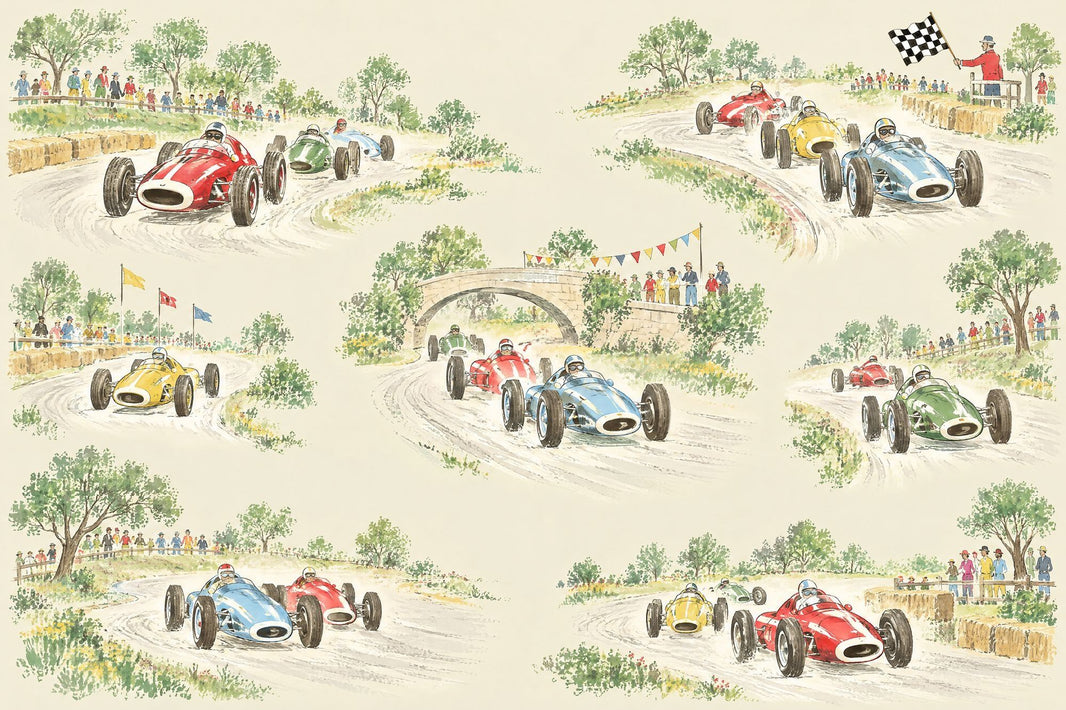 Vintage Race Cars Wallpaper Watercolor Motorsport Wall Mural pattern artwork