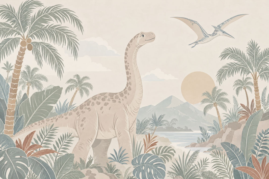 Pastel Dinosaur Landscape Wallpaper Tropical Nursery Wall Mural pattern artwork