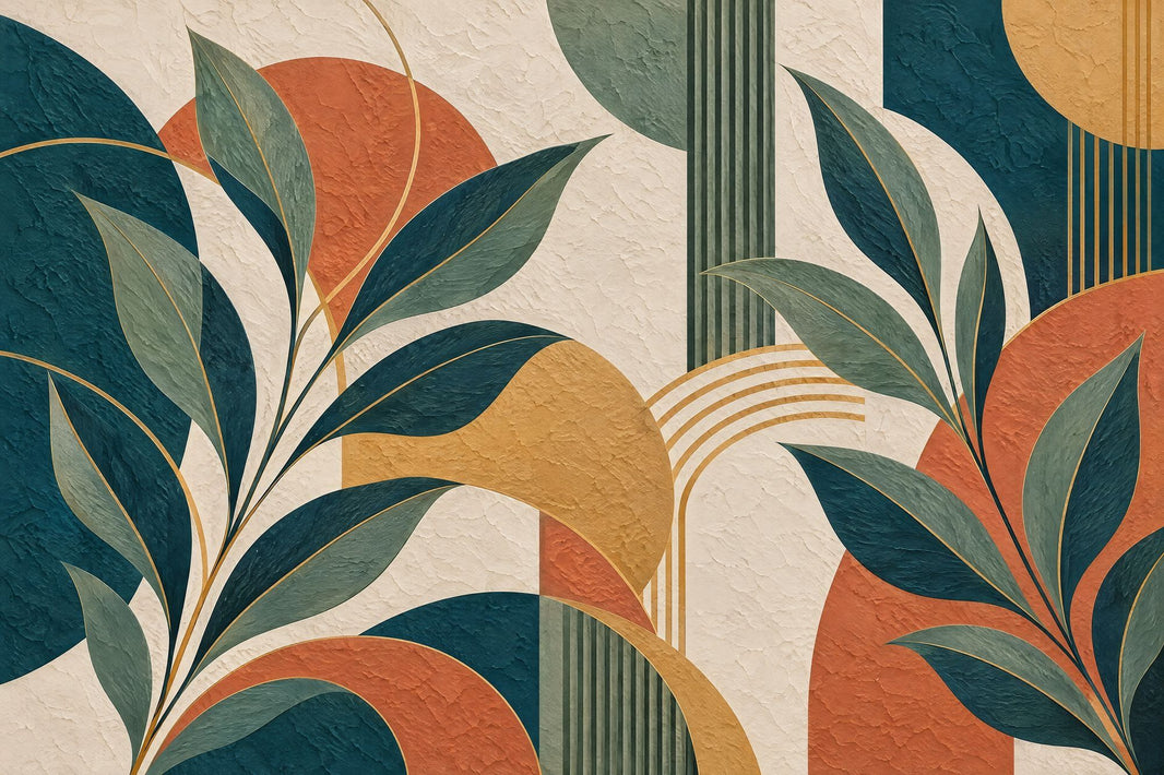 Abstract Botanical Leaves Wallpaper Art Deco Geometric Wall Mural pattern artwork