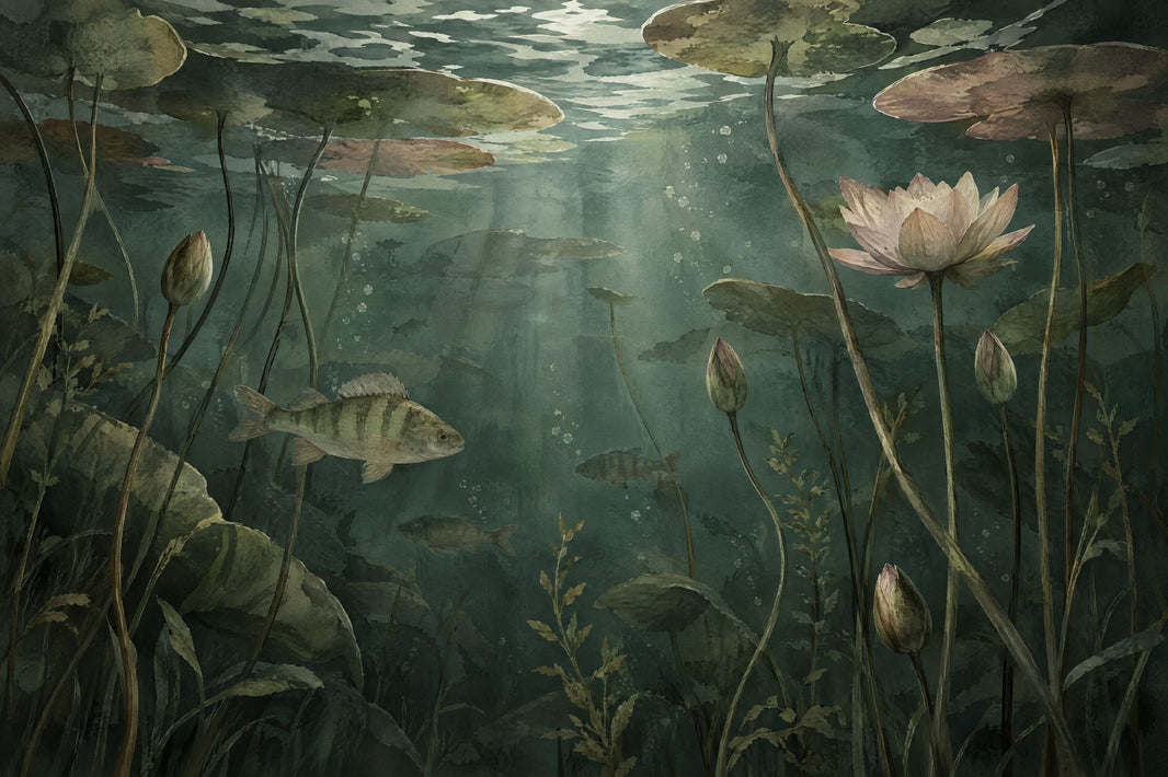 Water Lilies Pond Wallpaper Vintage Watercolor Wall Mural pattern artwork