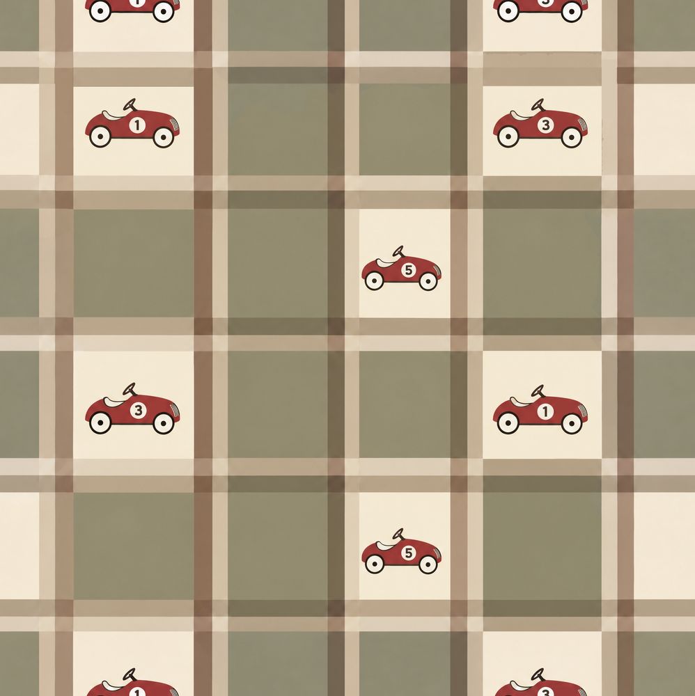 Vintage Race Car Wallpaper Plaid Checkered Cream And Sage Green pattern artwork