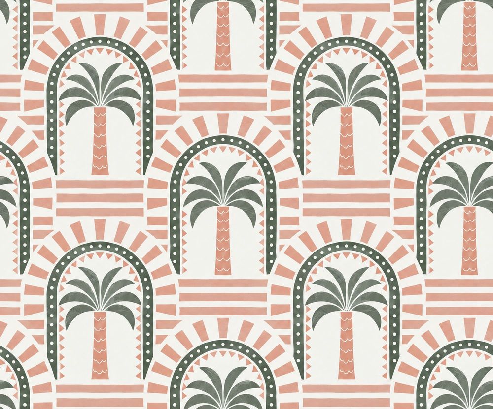 Palm Trees Wallpaper Arched Geometric Pattern In Coral Pink And Sage Green pattern artwork