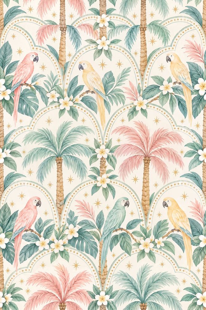 Parrots Wallpaper Pastel Tropical Cream Background pattern artwork