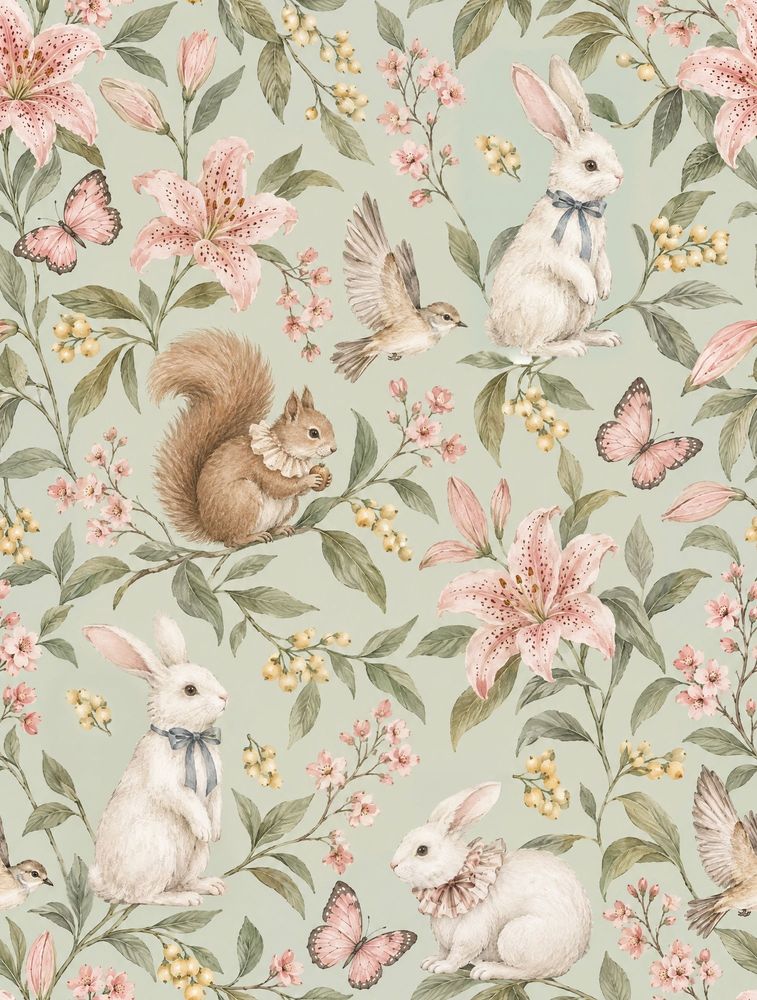 Woodland Rabbits Wallpaper Watercolor Sage Green pattern artwork