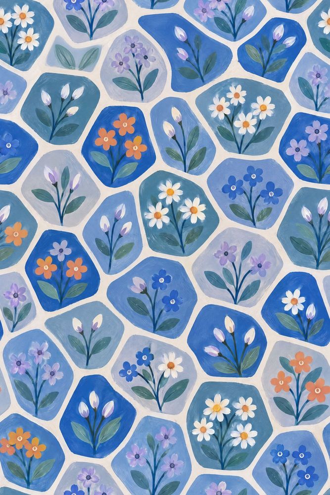 Daisy Bouquet Wallpaper Blue Geometric Tile Pattern pattern artwork