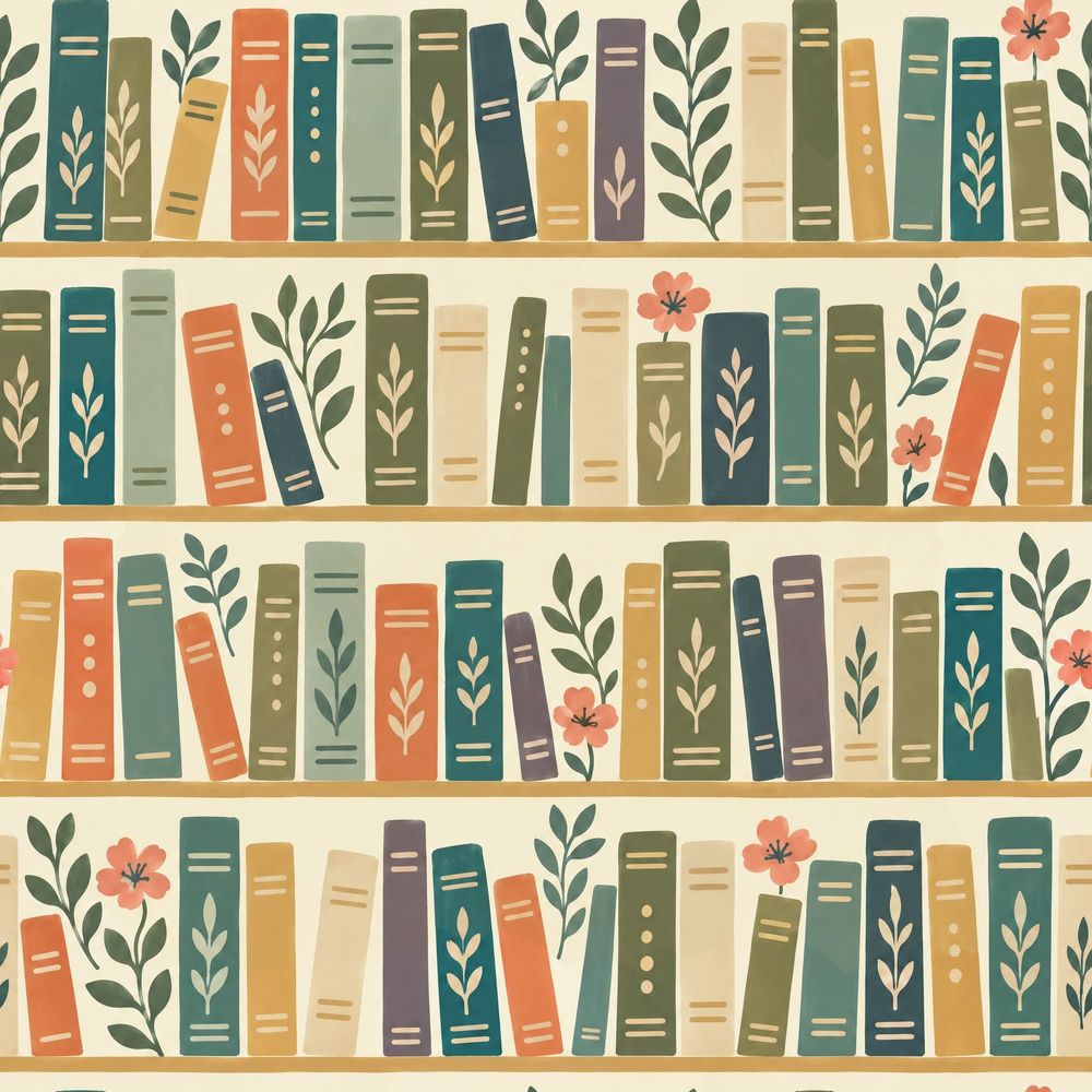 Bookshelf Wallpaper Whimsical Botanical Books On Cream Background pattern artwork
