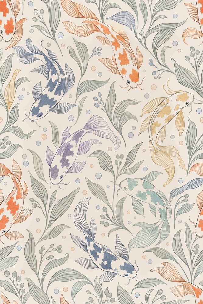 Koi Fish Wallpaper Aquatic Botanical On Ivory Background pattern artwork