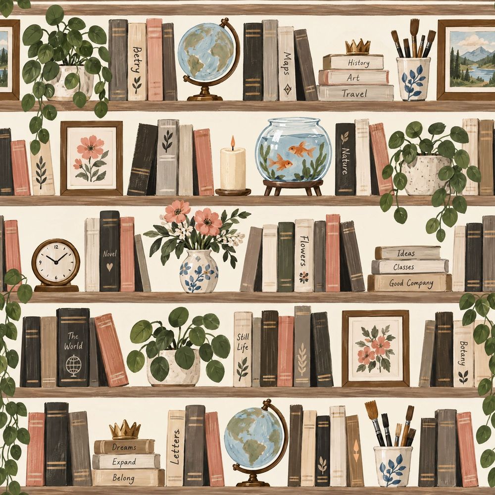 Bookshelf Wallpaper Watercolor Library Pattern Muted Green pattern artwork