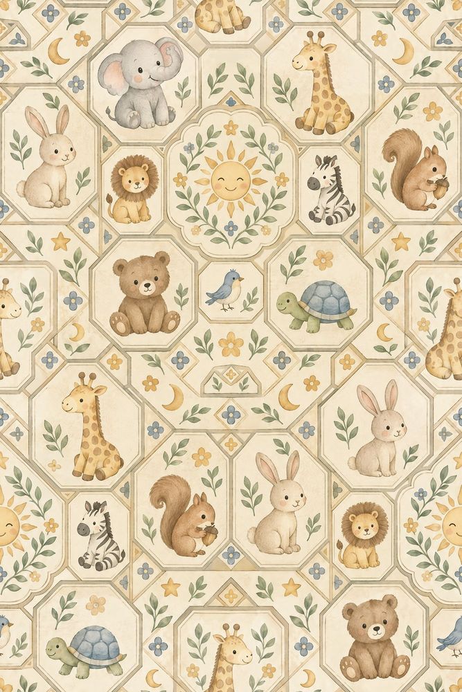 Nursery Animals Wallpaper Watercolor Geometric Tile On Cream Background pattern artwork