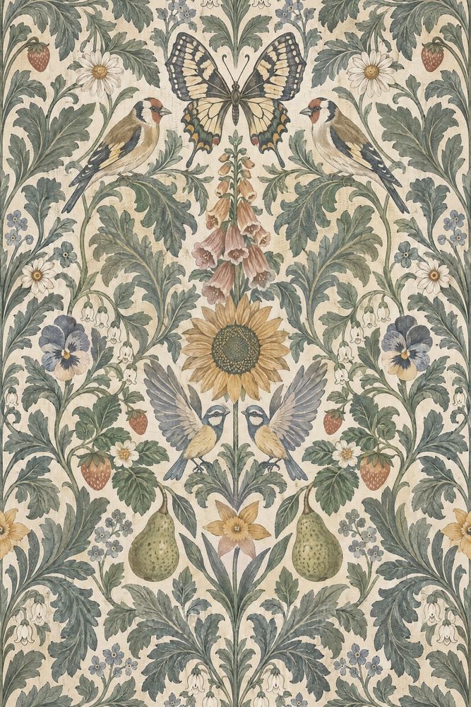 Birds And Butterfly Wallpaper Symmetrical Vintage Garden Sage Green pattern artwork
