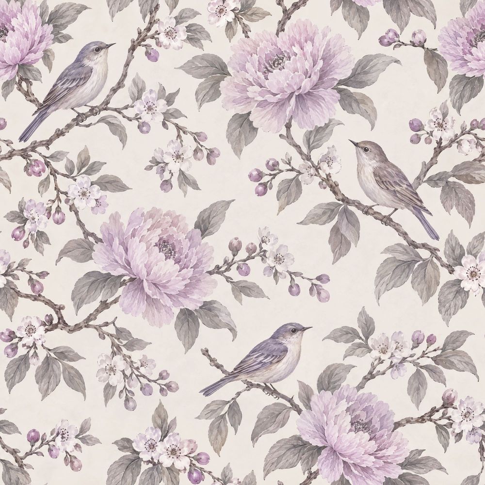 Peony And Bird Wallpaper Watercolor Chinoiserie On White Background pattern artwork