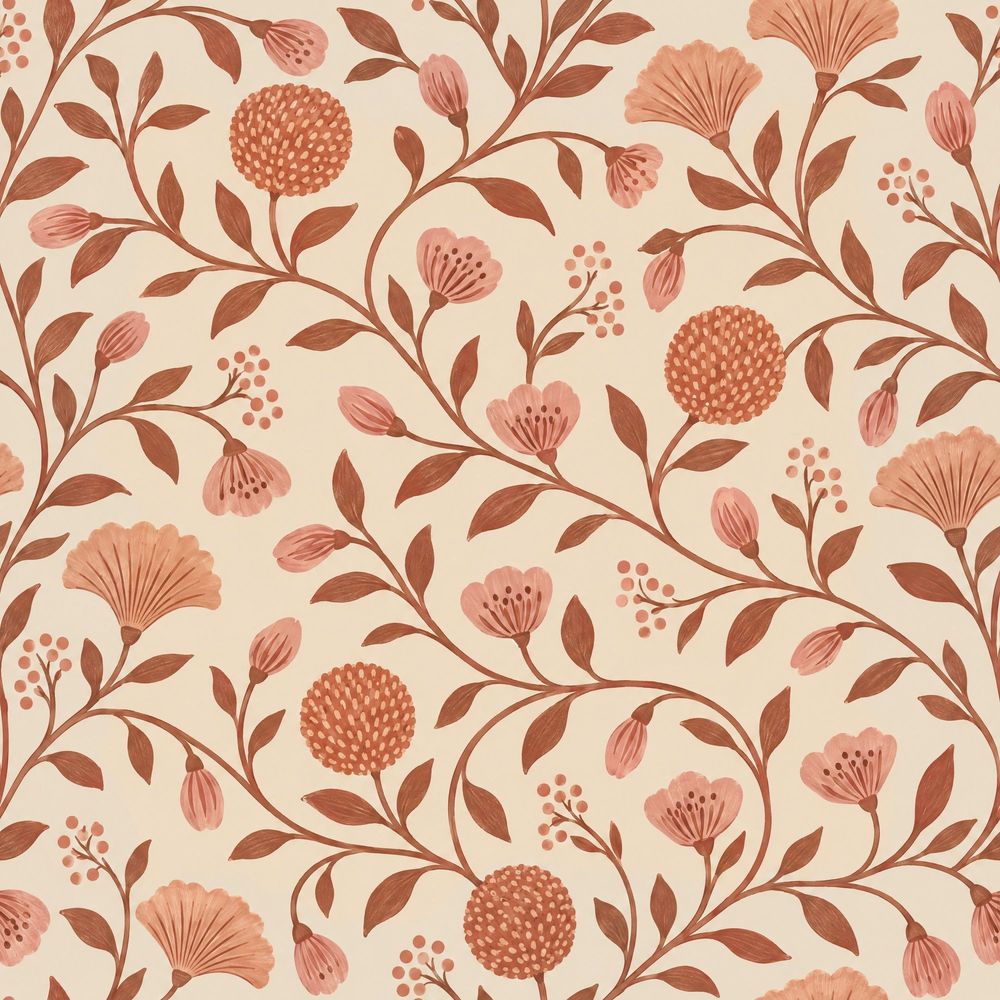 Botanical Vine Wallpaper Terracotta Pink Flowers On Cream pattern artwork