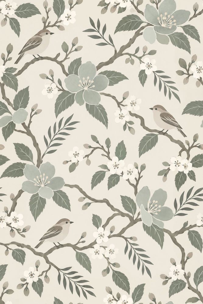 Bird And Blossom Branches Wallpaper Sage Green Ivory Chinoiserie pattern artwork