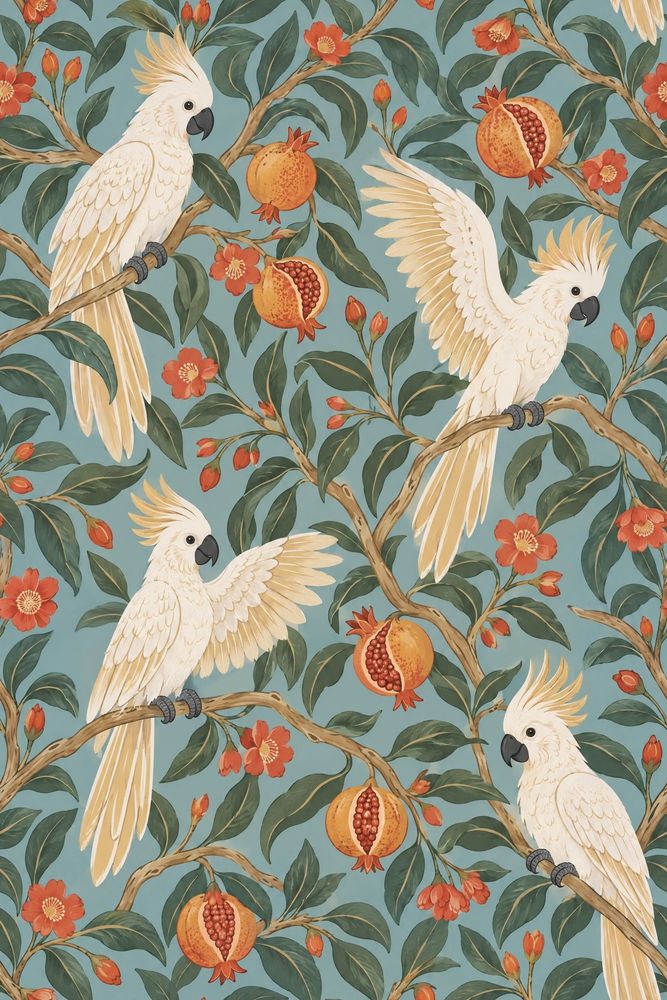 Cockatoo Wallpaper Pomegranate Branch Pattern pattern artwork