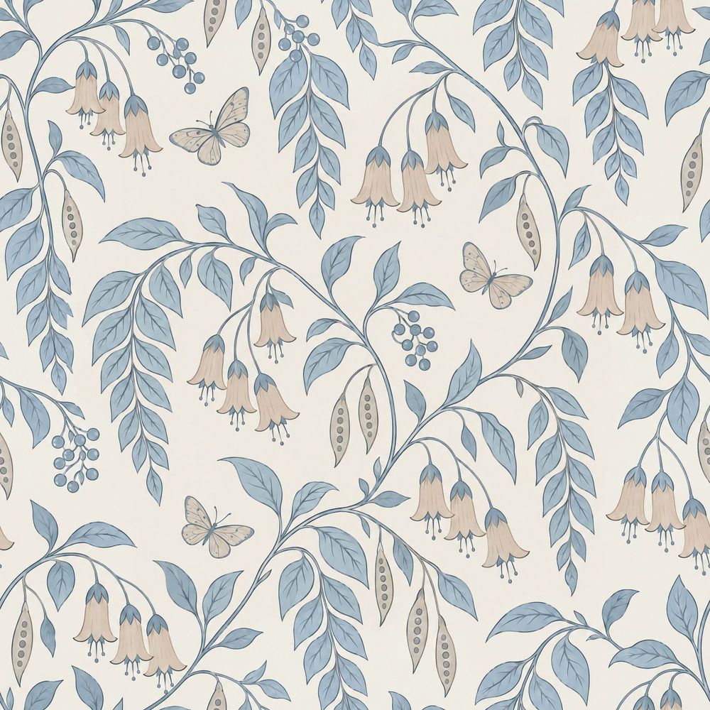 Bell Flowers And Butterflies Wallpaper Trailing Vines On Ivory pattern artwork