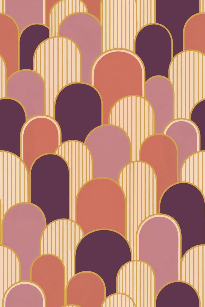 Geometric Arches Wallpaper Gold Outlines Pink Coral Plum pattern artwork