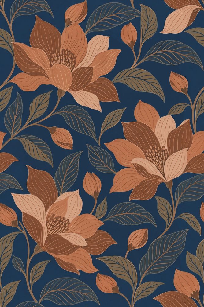 Large Floral Wallpaper Dark Navy Background pattern artwork