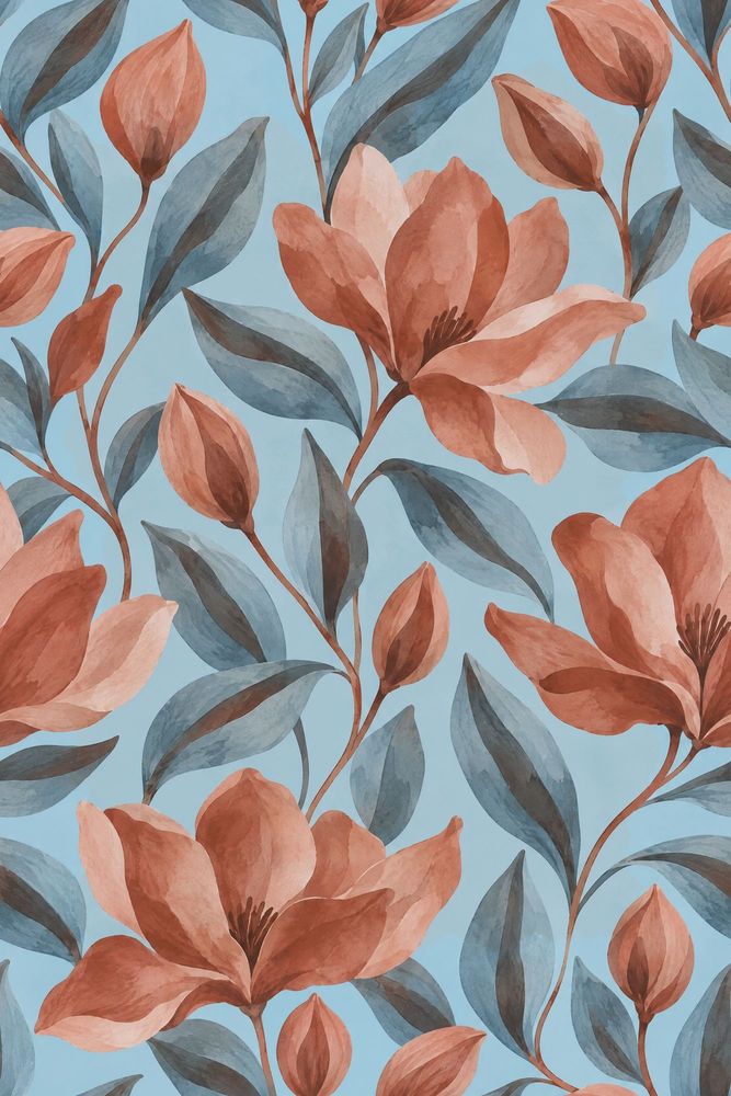 Coral Flowers Wallpaper Watercolor Botanical On Light Blue pattern artwork
