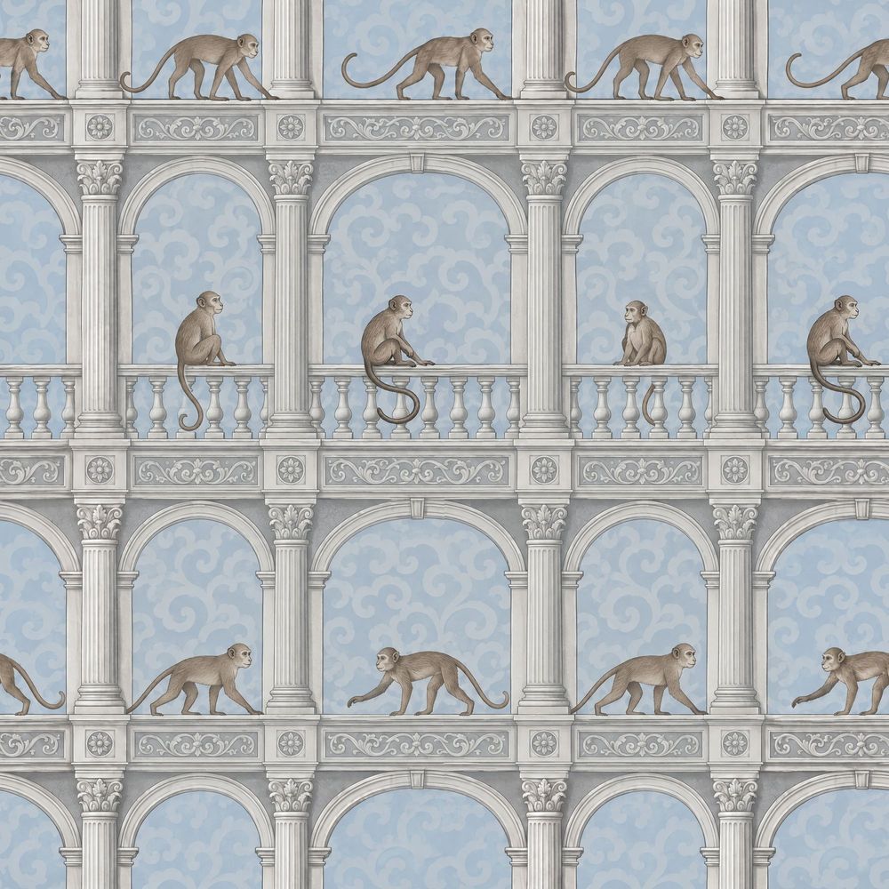 Monkeys Wallpaper Neoclassical Columns And Arches In Light Blue pattern artwork