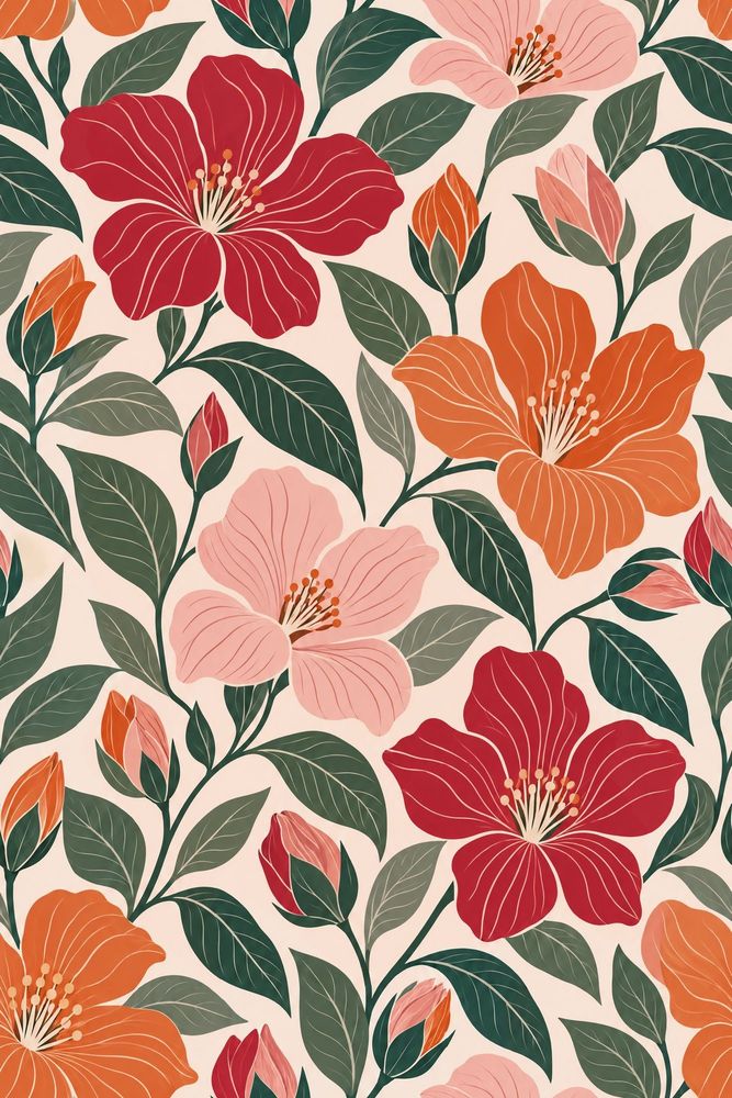 Hibiscus Wallpaper Large Tropical Flowers On Cream pattern artwork