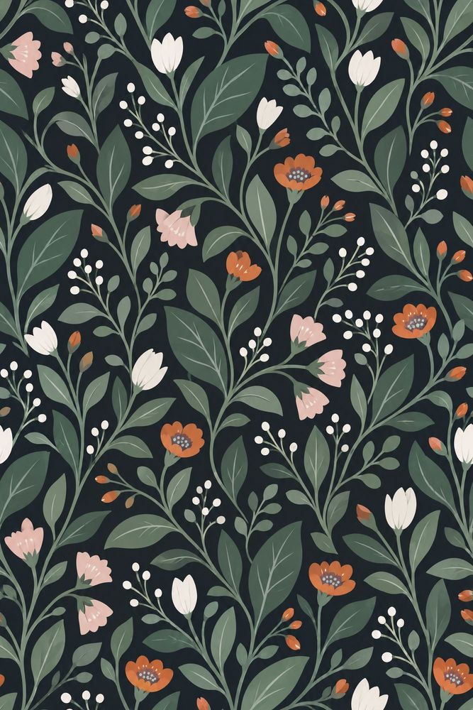 Stylized Floral Wallpaper Muted Green Dark pattern artwork