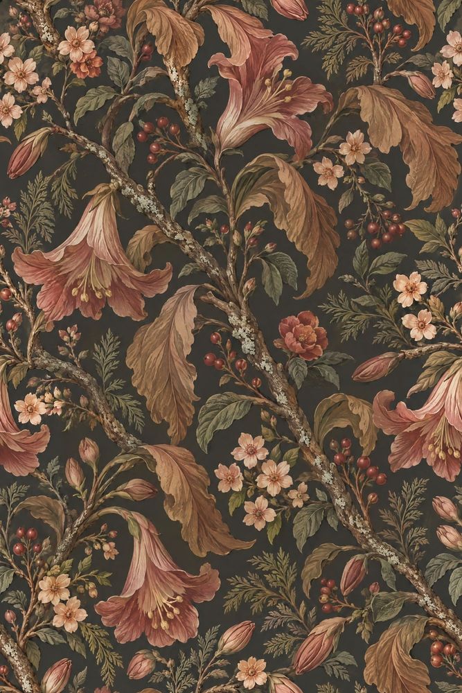Trumpet Flower Wallpaper Dark Floral Botanical Pattern pattern artwork