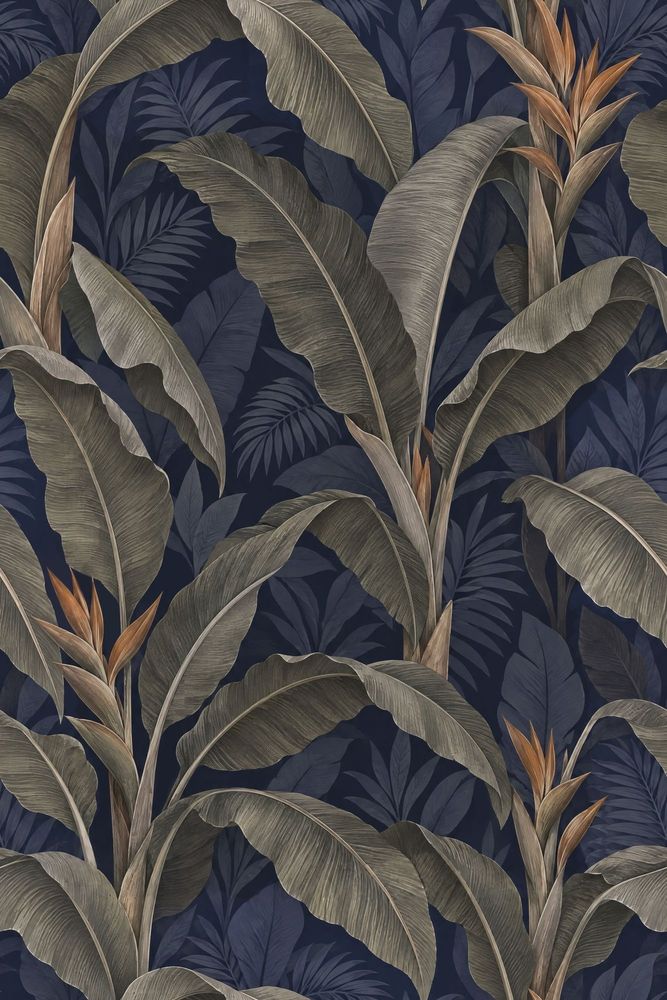 Banana Leaves Wallpaper Dark Tropical Navy Background pattern artwork