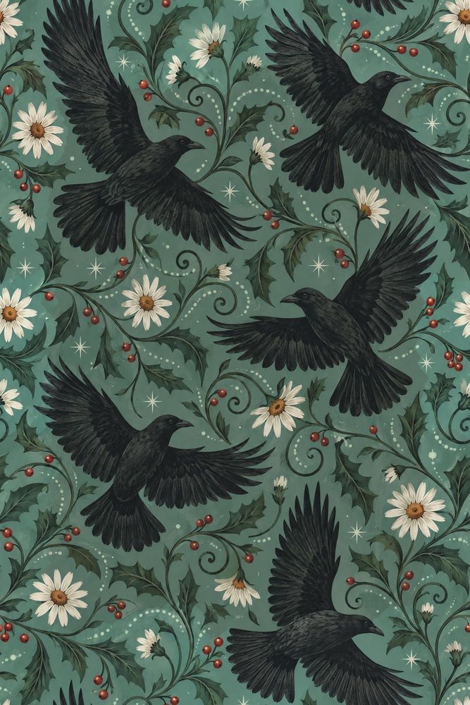 Ravens Wallpaper Teal Gothic Botanical Pattern pattern artwork