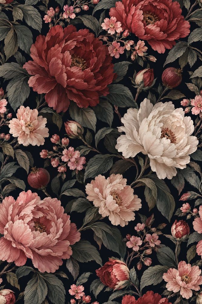 Peony And Pomegranate Wallpaper Dark Floral Navy Background pattern artwork