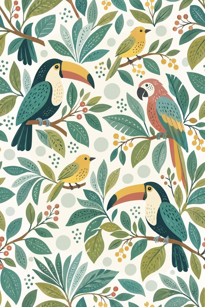Tropical Birds Wallpaper Toucan Leaf Pattern pattern artwork