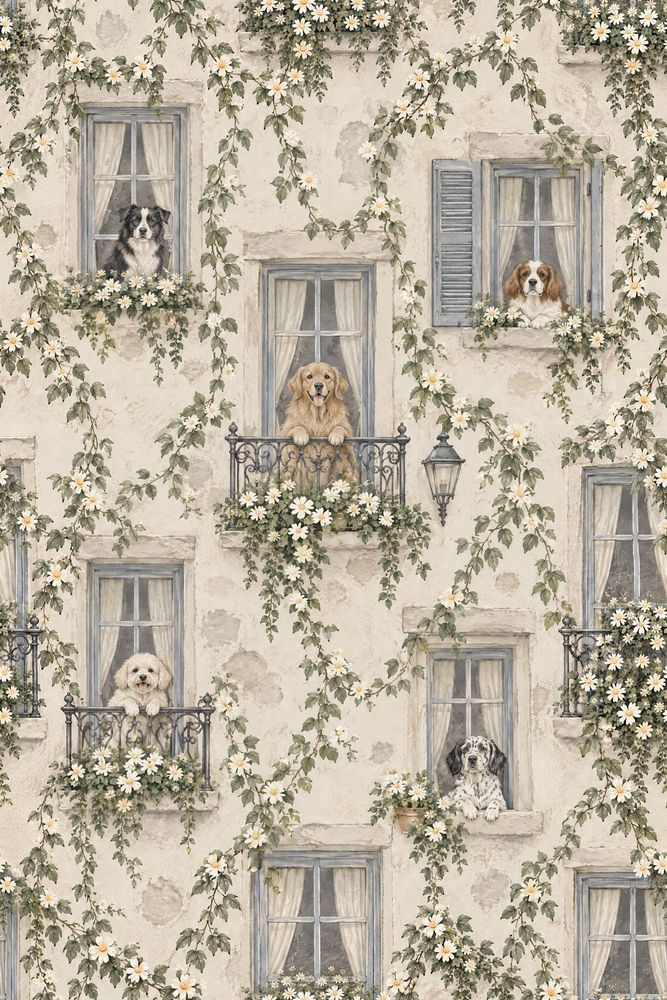 Dogs And Windows Wallpaper Vintage French Country Facade pattern artwork