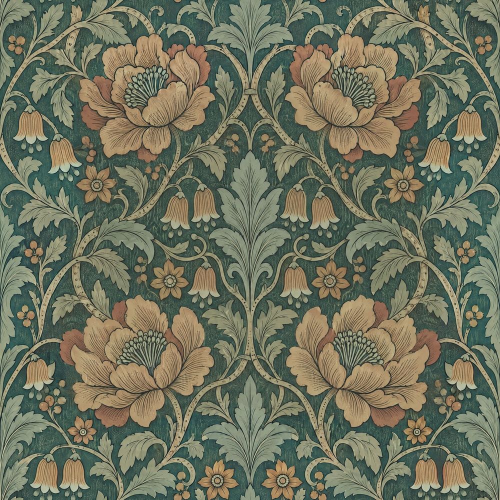 Botanical Floral Wallpaper Dark Teal Scrolling Vines pattern artwork