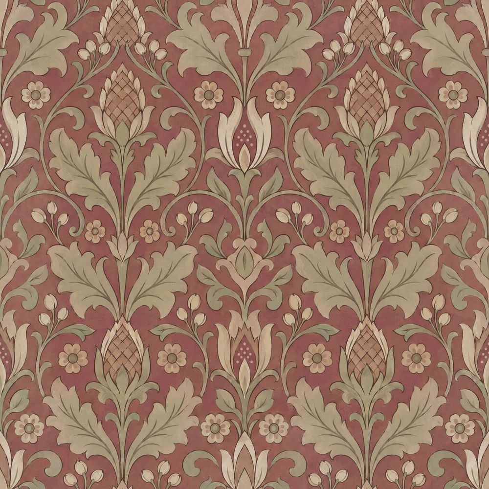 Acanthus Leaf Wallpaper Floral Damask In Muted Red And Cream pattern artwork