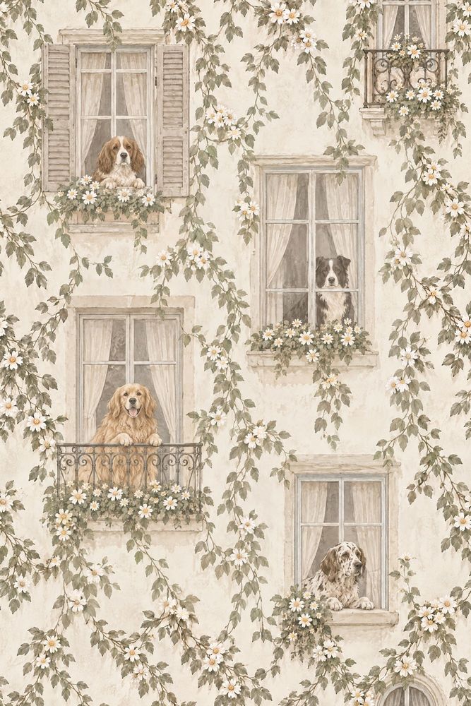 Dogs Balcony Wallpaper Watercolor European Facade pattern artwork