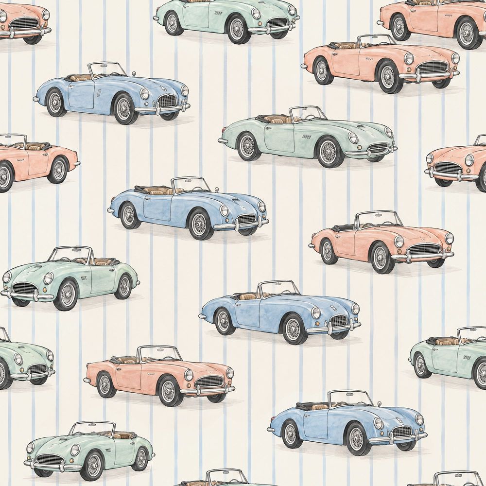 Vintage Cars Wallpaper Pastel Watercolor Roadster Stripes pattern artwork